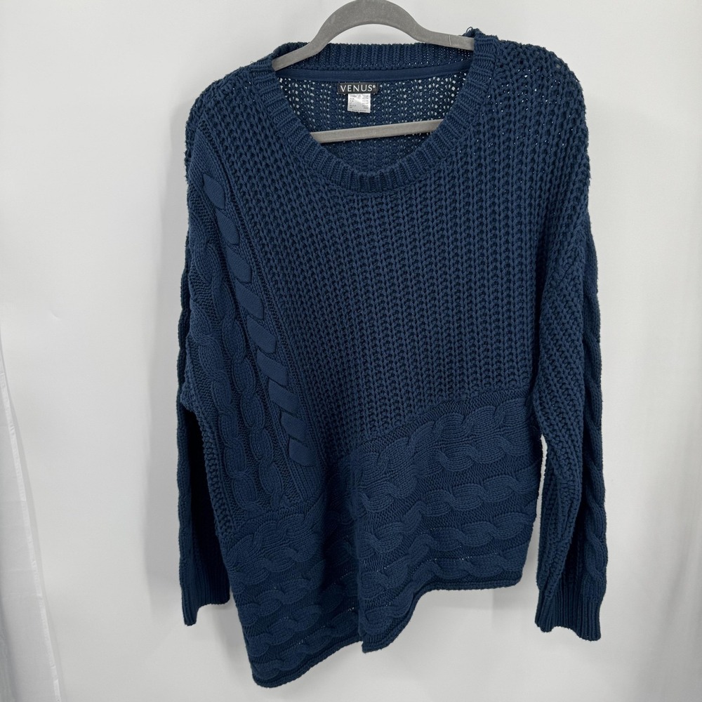 Venus Womens Cable Knit Asymmetrical Hem Sweater Navy Blue Size 1X Cozy Layers